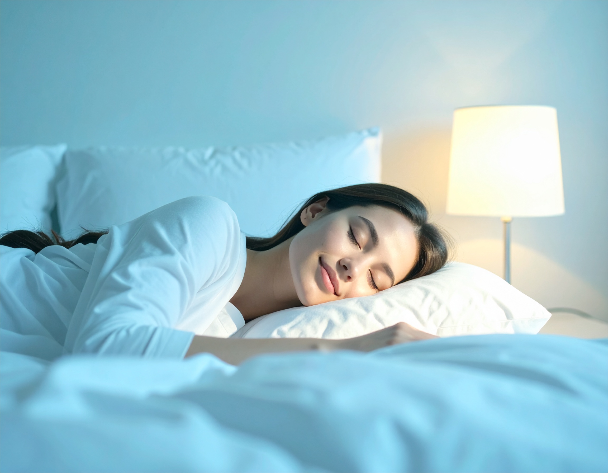 A person resting peacefully in a calm, dark bedroom